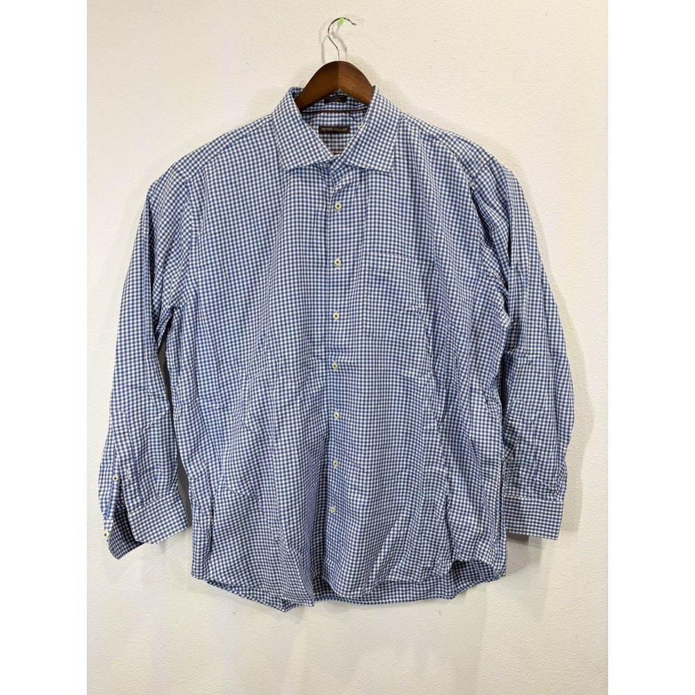 Peter Millar Men 2XL Plaid Button Down Shirt Blue White 100% Cotton Long Sleeve